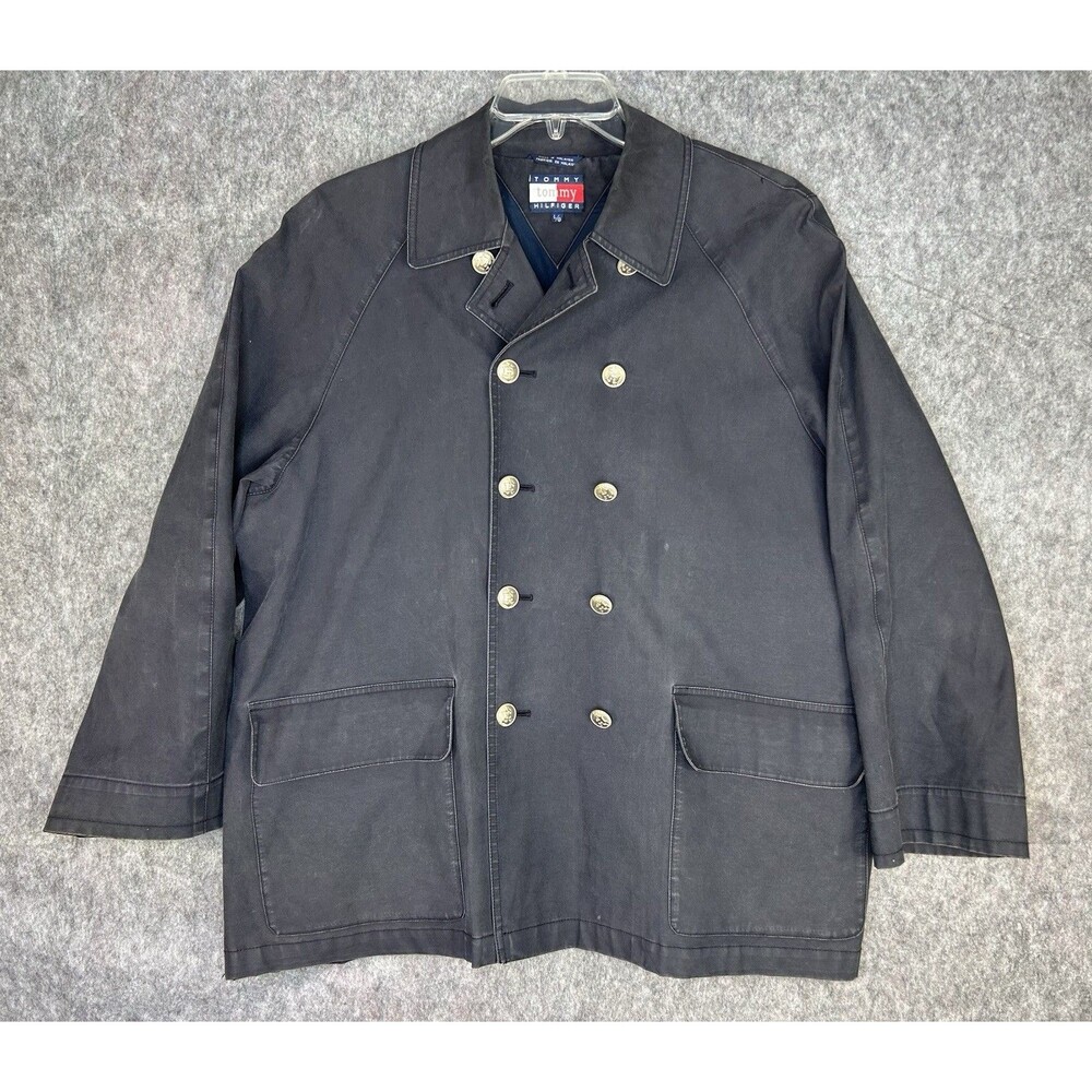 VTG Tommy Hilfiger Sailing Embroidered Blue Jacket Trench Coat Sz L